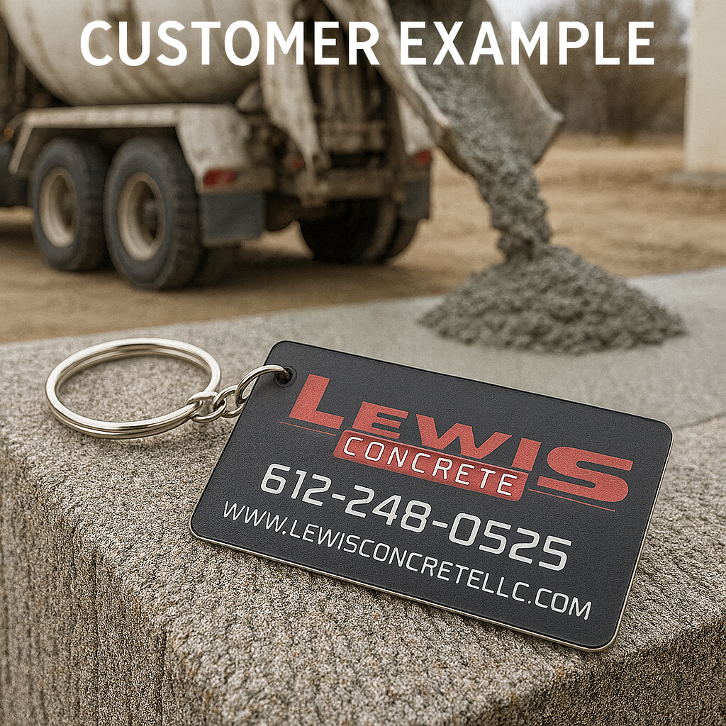 Keychain with Lewis Concrete branding and contact information on a concrete surface with a cement truck in the background.